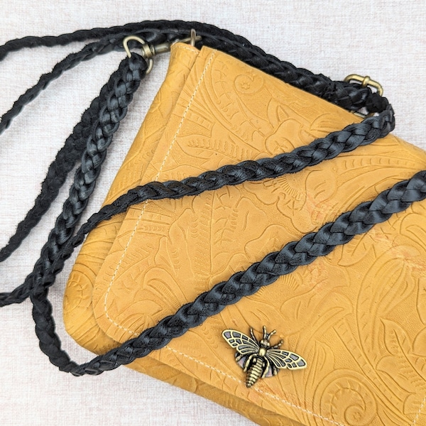 Small embossed leather crossbody purse with bee clasp - leather bag with bee theme - bee gift - yellow leather bag - vintage look leather