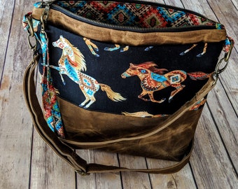 Wild Horses bag, horse gift, crossbody bag, horse purse, Aztec gift, waxed canvas bag, hobo bag, travel bag, wild horse gift, brown canvas