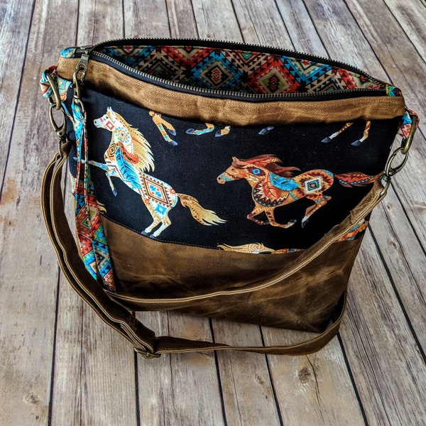 Wild Horses bag, horse gift, crossbody bag, horse purse, Aztec gift, waxed canvas bag, hobo bag, travel bag, wild horse gift, brown canvas