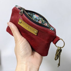 Handmade Leather Coin Purse | Small Zipper Wallet with Keyring | Floral Lined Pouch | Women’s Mini Purse | Gift for Her