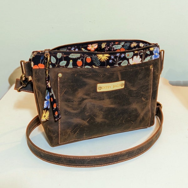 Vintage look leather handbag crossbody style leather bag with floral lining pretty lined handbag small leather crossbody leather gift