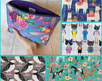 Soft make up bag novelty cosmetics pouch zipped bag with animal print fabric hummingbird gift llama horse lover cats puffins travel bag