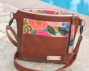 Genuine Leather Crossbody Bag: Brown Hobo with Floral Lining