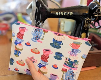 Teatime Fabric Makeup Bag: Handmade Cosmetics Pouch with Teacup Print - Bridesmaid Gift Storage