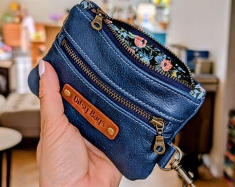 Handmade Leather Coin Purse, Small Zip Pouch, Floral Lined Mini Wallet, Card Holder Keychain Gift for Her