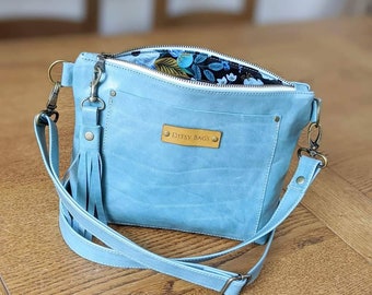 Borsa a tracolla in pelle blu: Hobo shabby chic con nappa
