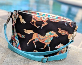 Wild Horses crossbody bag, blue crossbody, waxed canvas bag, horse theme bag, aqua waxed canvas, horse fabric, horse gift, southwestern