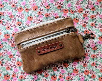 Handmade Leather Coin Purse: Floral Lining & Key Clip