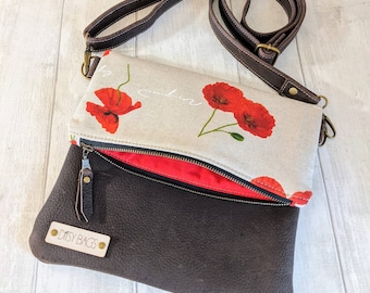 Folded crossbody, poppy bag, floral handbag, messenger bag, leather crossbody, leather evening bag, leather crossbody purse, hobo bag