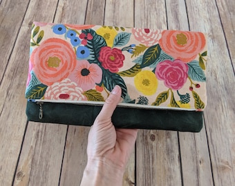 Green clutch purse, folded clutch purse, flowery fabric, floral bag, waxed canvas clutch, green canvas bag, floral fabric, modern floral