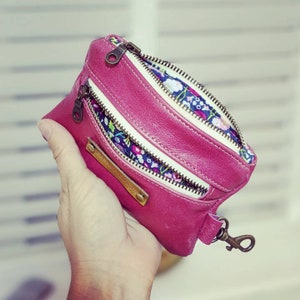 Monedero de cuero rosa, regalo de aniversario de cuero, billetera de cuero con bonito forro, monedero de cuero rosa brillante para tarjetas y llaves