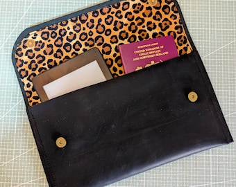Leather passport wallet, leather document wallet, leather travel wallet, travel wallet, passport wallet, travel purse, leopard print bag