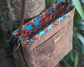 Large brown leather bag with Aztec lining southwestern theme cowboy style bag rustic brown leather bag gift for cowgirl lined leather bag