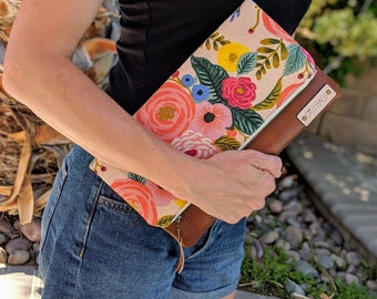 Leather clutch bag, leather clutch purse, leather evening bag, floral clutch bag, floral bag, floral fabric, floral evening bag