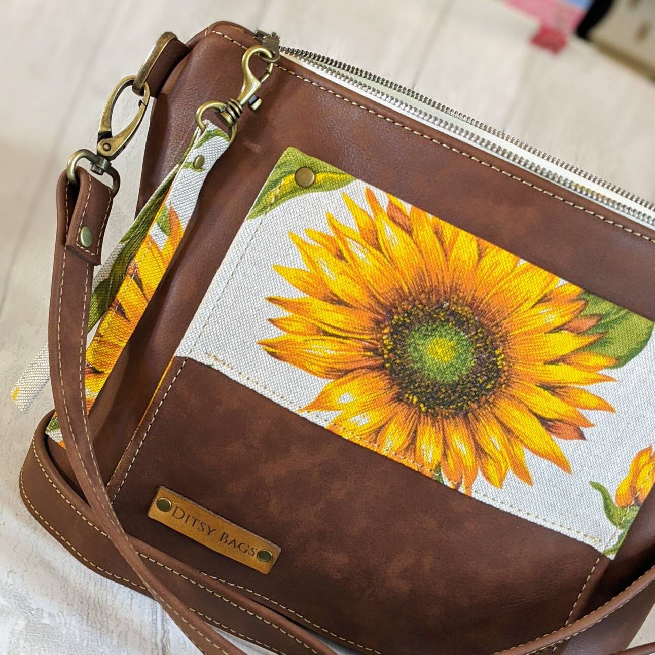 Sunflower Embossed Tan Leather Crossbody Bag Unique Personalized Leather Bag Sunflower Leather Bag, Handmade Tooled Crossbody, Floral  main image 2