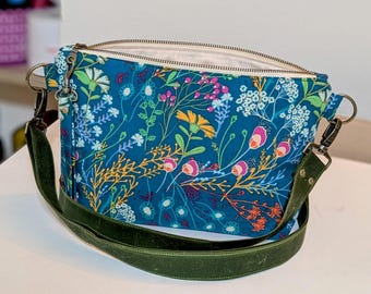 Floral crossbody bag, pink crossbody, waxed canvas bag, floral theme bag, green waxed canvas, flowers fabric, floral gift