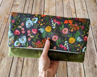 Green evening bag floral clutch bag waxed canvas evening bag pretty floral bag wedding guest bag bridesmaid gift folded clutch purse