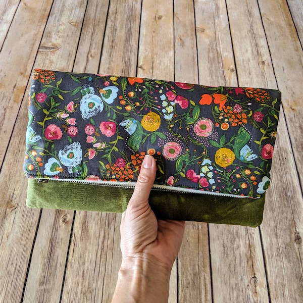 Green evening bag floral clutch bag waxed canvas evening bag pretty floral bag wedding guest bag bridesmaid gift folded clutch purse