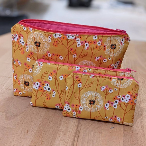 Dandelion fabric make up bag, make up pouch, dandelions, fabric cosmetics pouch, make up pouch, travel make up bag, yellow purse, spring