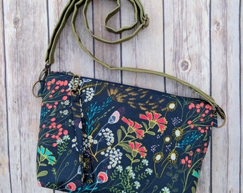 Floral handbag, fabric crossbody, floral fabric, winter flowers, navy blue floral bag, waxed canvas bag, green canvas bag, ditsy floral bag