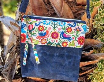 Mexicana fabric bag, mexicana gift, crossbody bag, waxed canvas bag, hobo bag, travel bag, navy blue canvas, navy blue bag, colourful purse