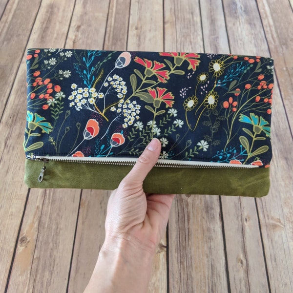 Pretty clutch bag evening bag wedding guest bag waxed canvas bag floral clutch purse green waxed canvas folded clutch bag