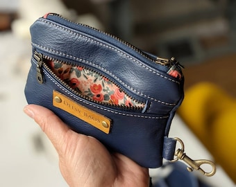 Leather coin purse small wallet for coins and cards soft leather purse navy leather purses with pretty lining custom made leather purse