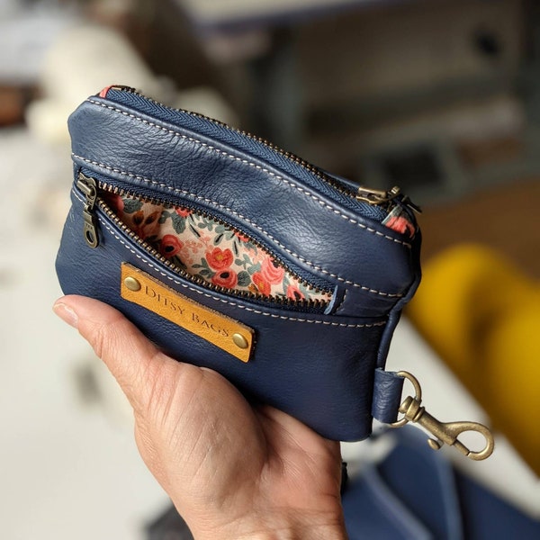 Leather coin purse small wallet for coins and cards soft leather purse navy leather purses with pretty lining custom made leather purse