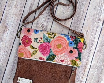 Folded crossbody, crossbody bag, floral handbag, messenger bag, leather crossbody, leather evening bag, leather crossbody purse, hobo bag