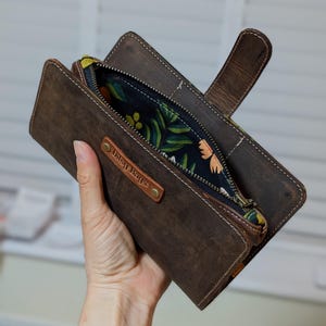 Cartera de cuero vintage para teléfono, cartera grande de cuero marrón, cartera de cuero estilo bohemio para mujer, cartera de estilo retro para mujer