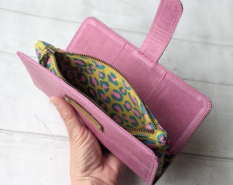 Vintage look wallet, rustic leather purse, pink leather purse, pink money wallet, leather phone wallet, pink phone wallet, leopard wallet