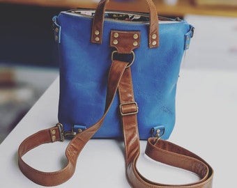 Multifunctional backpack, leather backpack, leather rucksack, blue leather, blue crossbody, multi-way backpack, multiway bag