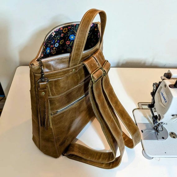 Tan Leather Backpack: Floral Lined Rucksack, Adjustable  display picture 3
