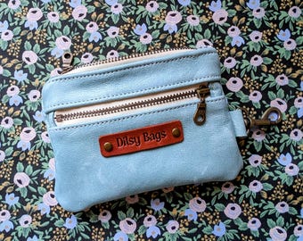 Handmade Blue Leather Coin Purse: Floral Lining & Key Clip