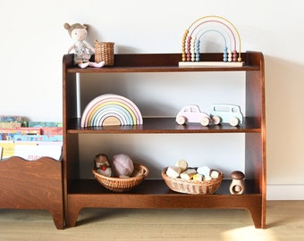 a Montessori Toddler Toy Shelf, Kids Display Shelf, Toys Storage in Dark Brown Stain