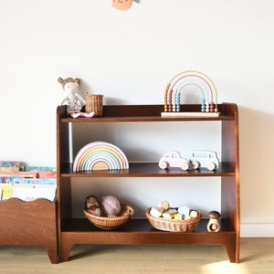 a Montessori Toddler Toy Shelf, Kids Display Shelf, Toys Storage in Dark Brown Stain