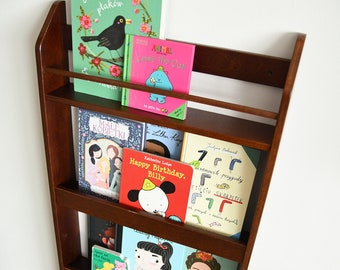 Montessori Wall Mounted Bookshelf | Dark Stain Kids Bookcase | Nursery Storage