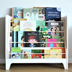 Estantería Montessori, estantería de madera contrachapada con almacenamiento en la parte posterior, biblioteca blanca para niños