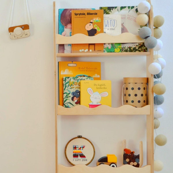 Hanging Montessori wall shallow bookcase for kids, self serve book shelf
