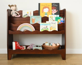 a front facing, Montessori bookcase for children, in dark brown stain