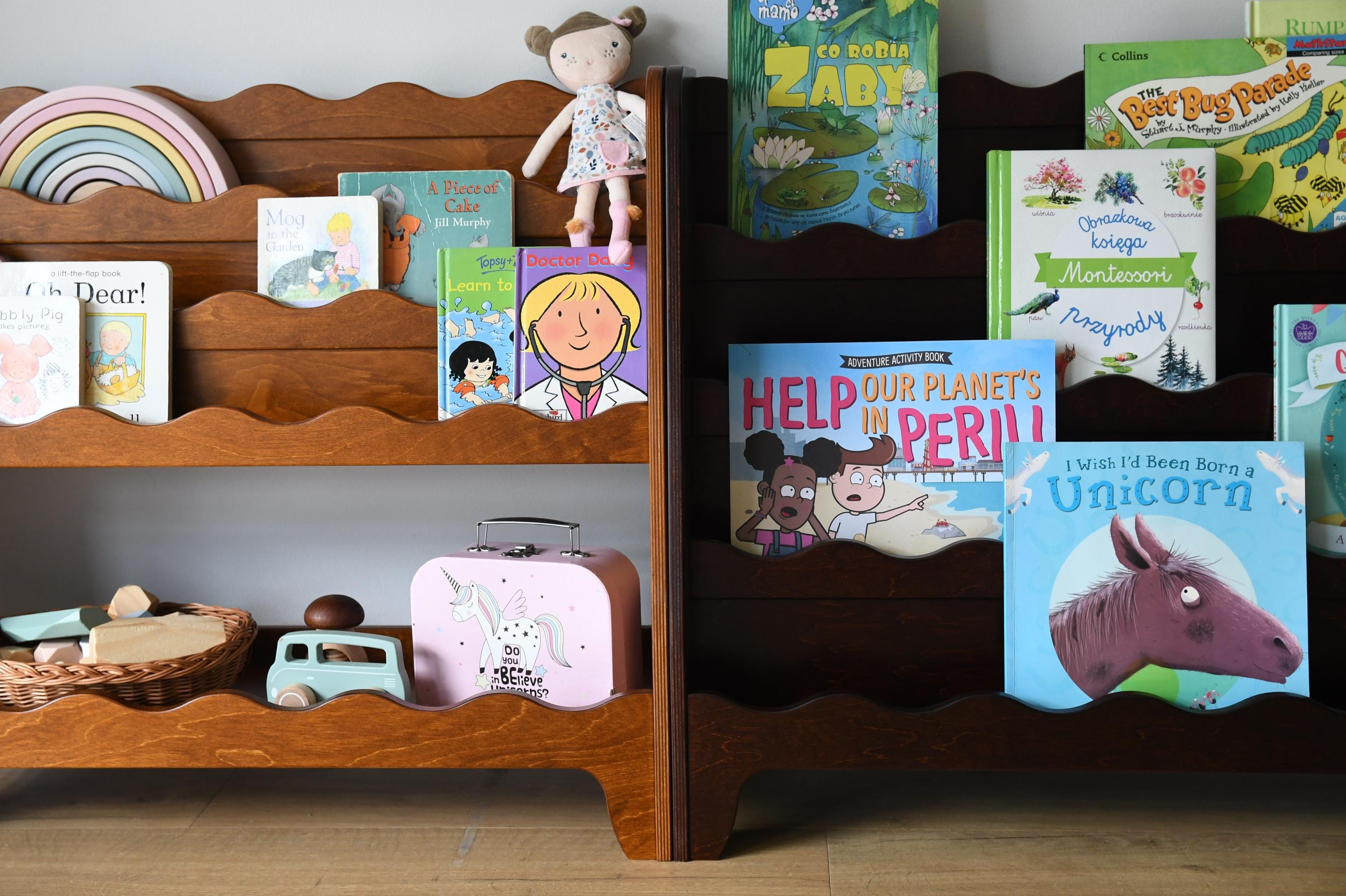 Montessori Bookcase for Kids: Dark Oak Birch Plywood, Front Facing