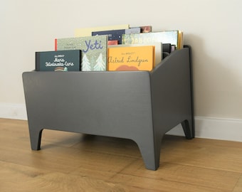 a dark grey Montessori bookcase for kids