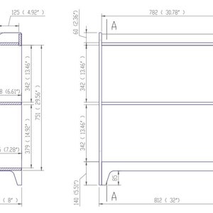 May include: Line drawing of a wooden shelf unit with two shelves. The shelf unit is 32 inches wide, 36 inches tall, and 36 inches deep. The shelf unit has a simple design with straight lines and rounded corners.