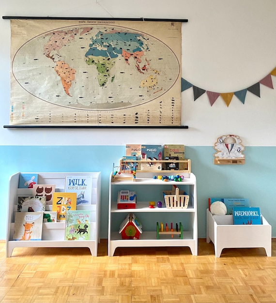 Librería Montessori, estantería de madera contrachapada con almacenamiento  trasero, biblioteca blanca para niños -  España