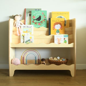 a wooden Montessori bookcase for kids, wooden bookshelf, a library and toyshelf