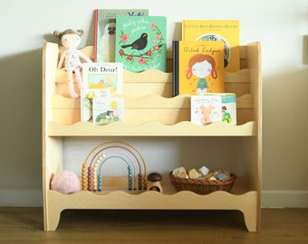 a wooden Montessori bookcase for kids, wooden bookshelf, a library and toyshelf