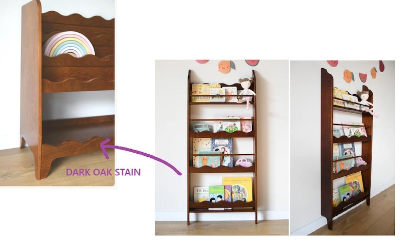 May include: A dark oak stained wooden bookshelf with a scalloped edge design. The bookshelf is filled with children's books and a small doll. The bookshelf is designed to hold books and display them.