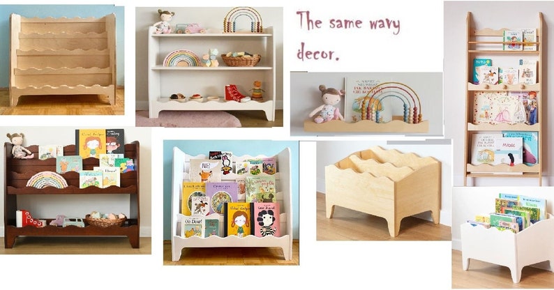 May include: A collection of wooden bookcases with wavy shelves, some with books and toys. The same wavy decor.