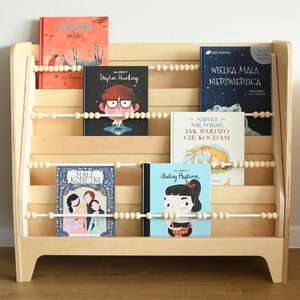 Estante Montessori, estante de madeira com compartimento traseiro, biblioteca natural para crianças