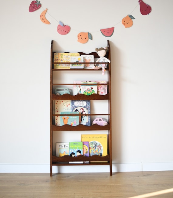 Montessori Wall Mounted Kids Bookshelf | Front Facing Wooden Bookcase | Dark Stain Nursery Storage